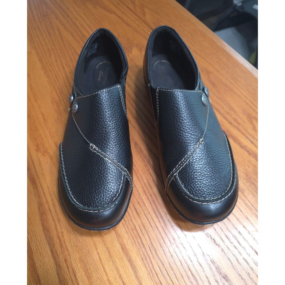 Clarks Ultimate Comfort Black Leather Slip On Loafers Clogs Size 10 W Wide